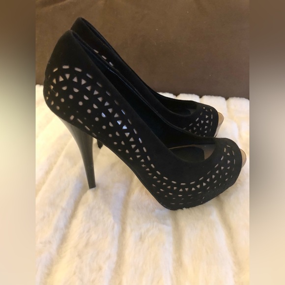 Sole Society | Peep Toe Stilettos Platform Heels | Kaitlyn | Black w Tan Detail - Picture 2 of 8